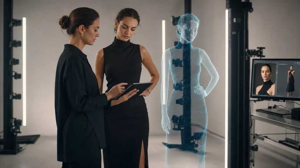 An AI generated image of a fashion model with her digital twin